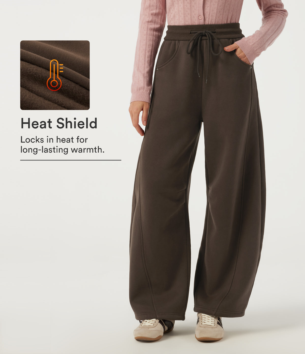 High Waisted Drawstring Barrel Leg Fleece Cotton Casual Sweatpants with Pockets — Slate Black — view 1