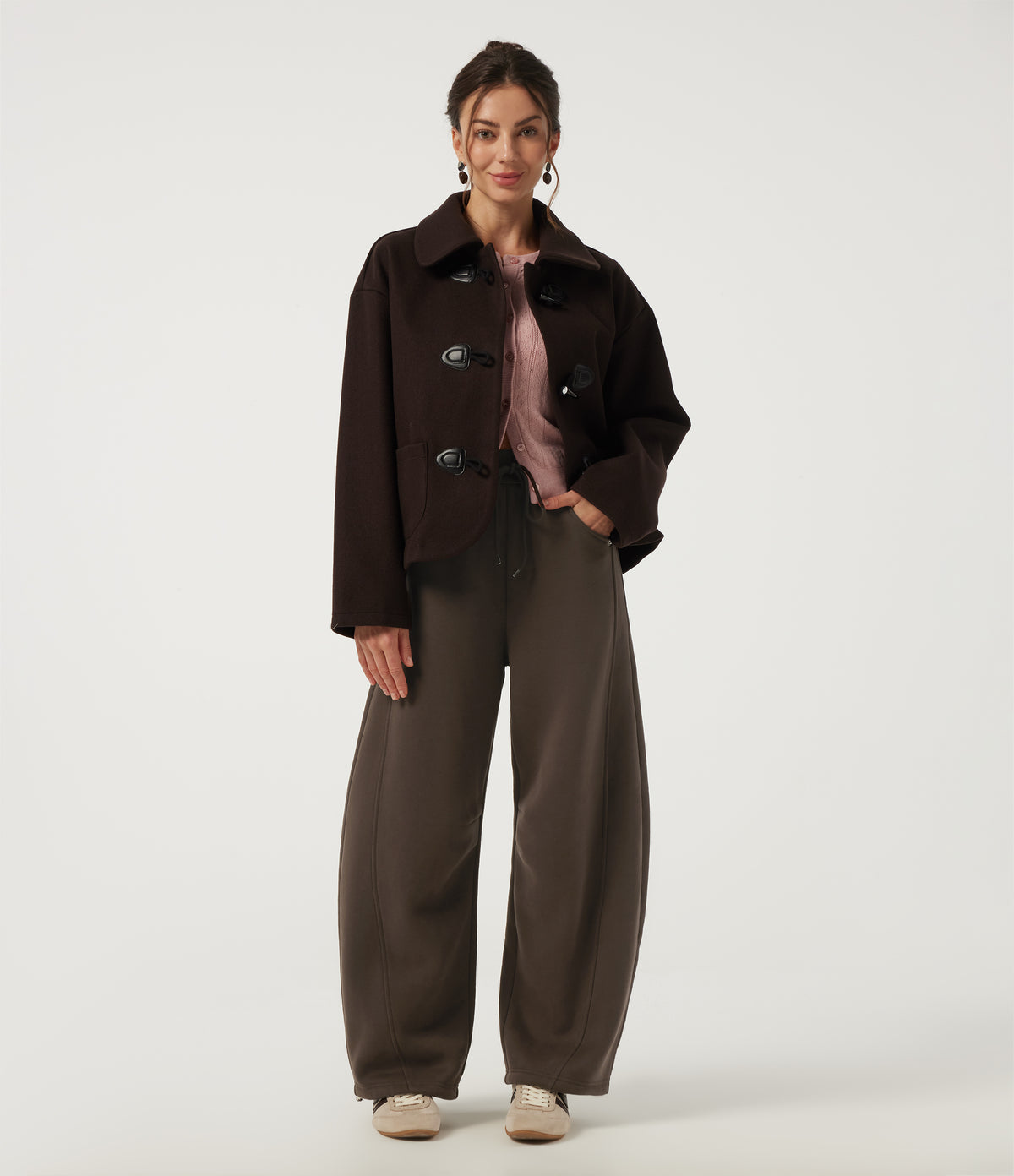 High Waisted Drawstring Barrel Leg Fleece Cotton Casual Sweatpants with Pockets — Slate Black — view 7