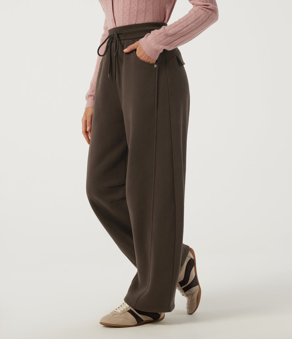 High Waisted Drawstring Barrel Leg Fleece Cotton Casual Sweatpants with Pockets — Slate Black — view 3