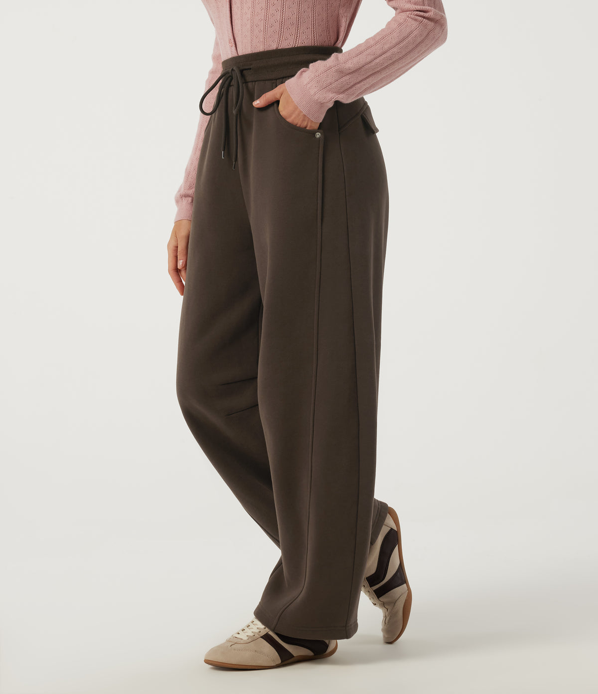 High Waisted Drawstring Barrel Leg Fleece Cotton Casual Sweatpants with Pockets — Slate Black — view 3