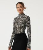 Mock Neck Long Sleeve Leopard Print Casual T-Shirt with Thumbholes — Charcoal Camo — view 3
