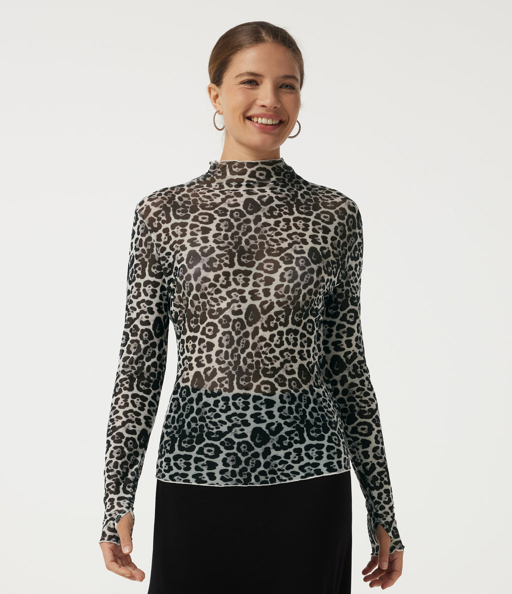Mock Neck Long Sleeve Leopard Print Casual T-Shirt with Thumbholes — Charcoal Camo — view 1