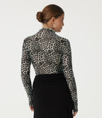 Mock Neck Long Sleeve Leopard Print Casual T-Shirt with Thumbholes — Charcoal Camo — view 2