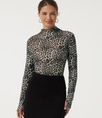 Mock Neck Long Sleeve Leopard Print Casual T-Shirt with Thumbholes — Charcoal Camo — view 4