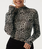 Mock Neck Long Sleeve Leopard Print Casual T-Shirt with Thumbholes — Charcoal Camo — view 5
