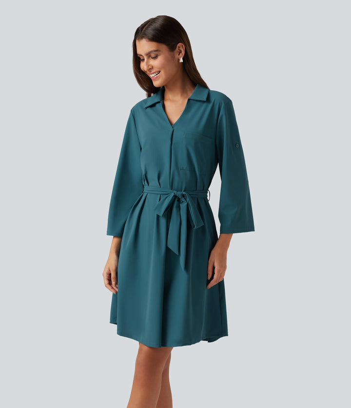 Collard Lace Up Short Sleeve Work Mini Dress — Dragonfly — view 1