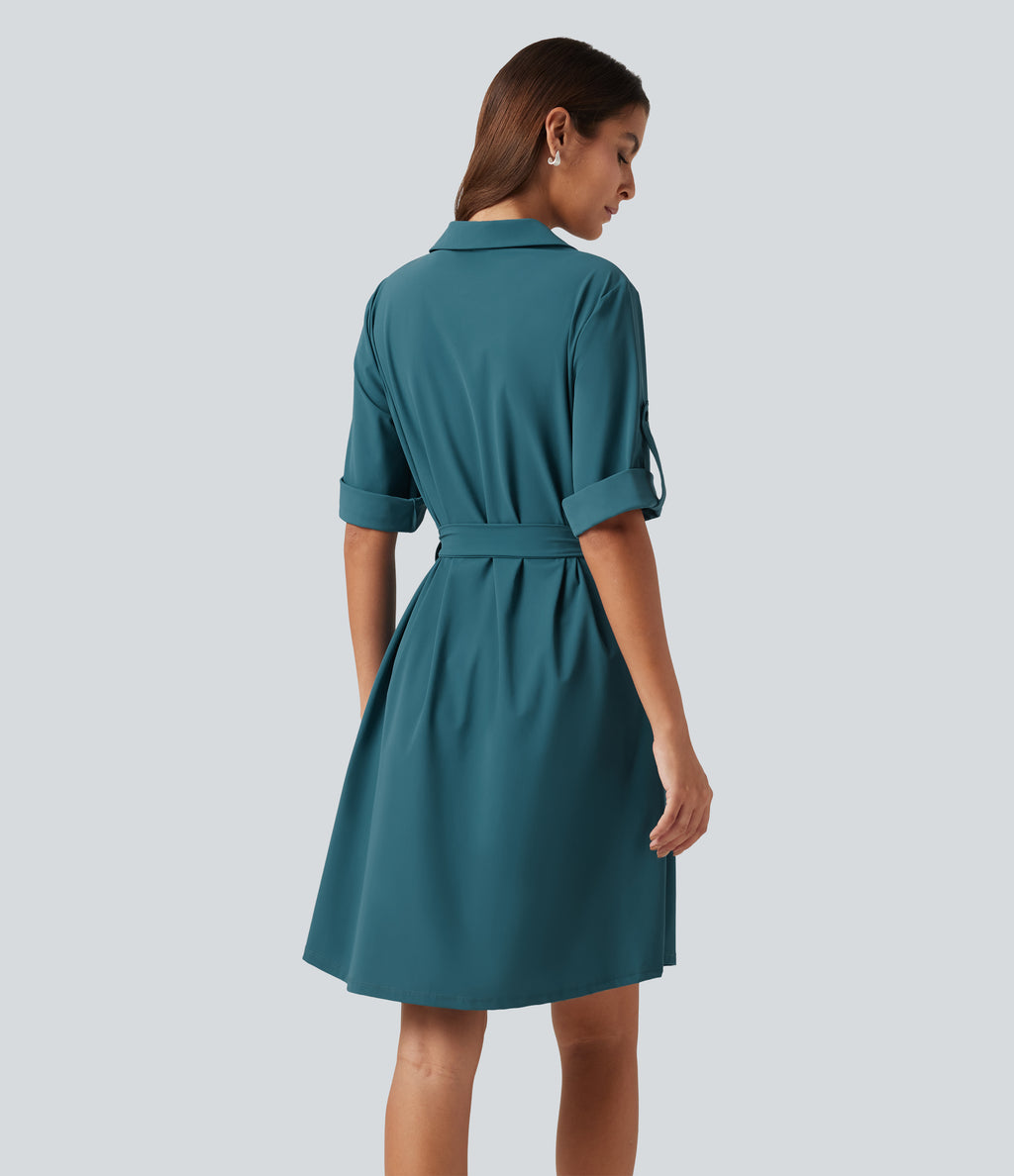 Collard Lace Up Short Sleeve Work Mini Dress — Dragonfly — view 2