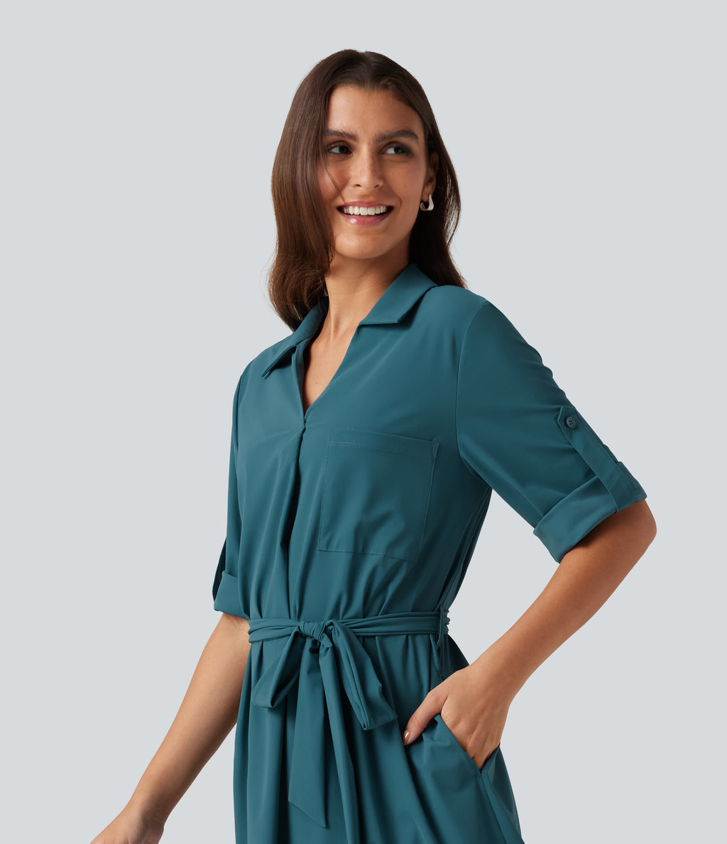 Collard Lace Up Short Sleeve Work Mini Dress — Dragonfly — view 5