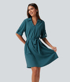 Collard Lace Up Short Sleeve Work Mini Dress — Dragonfly — view 4