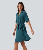 Collard Lace Up Short Sleeve Work Mini Dress — Dragonfly — view 3