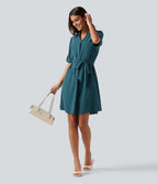 Collard Lace Up Short Sleeve Work Mini Dress — Dragonfly — view 8