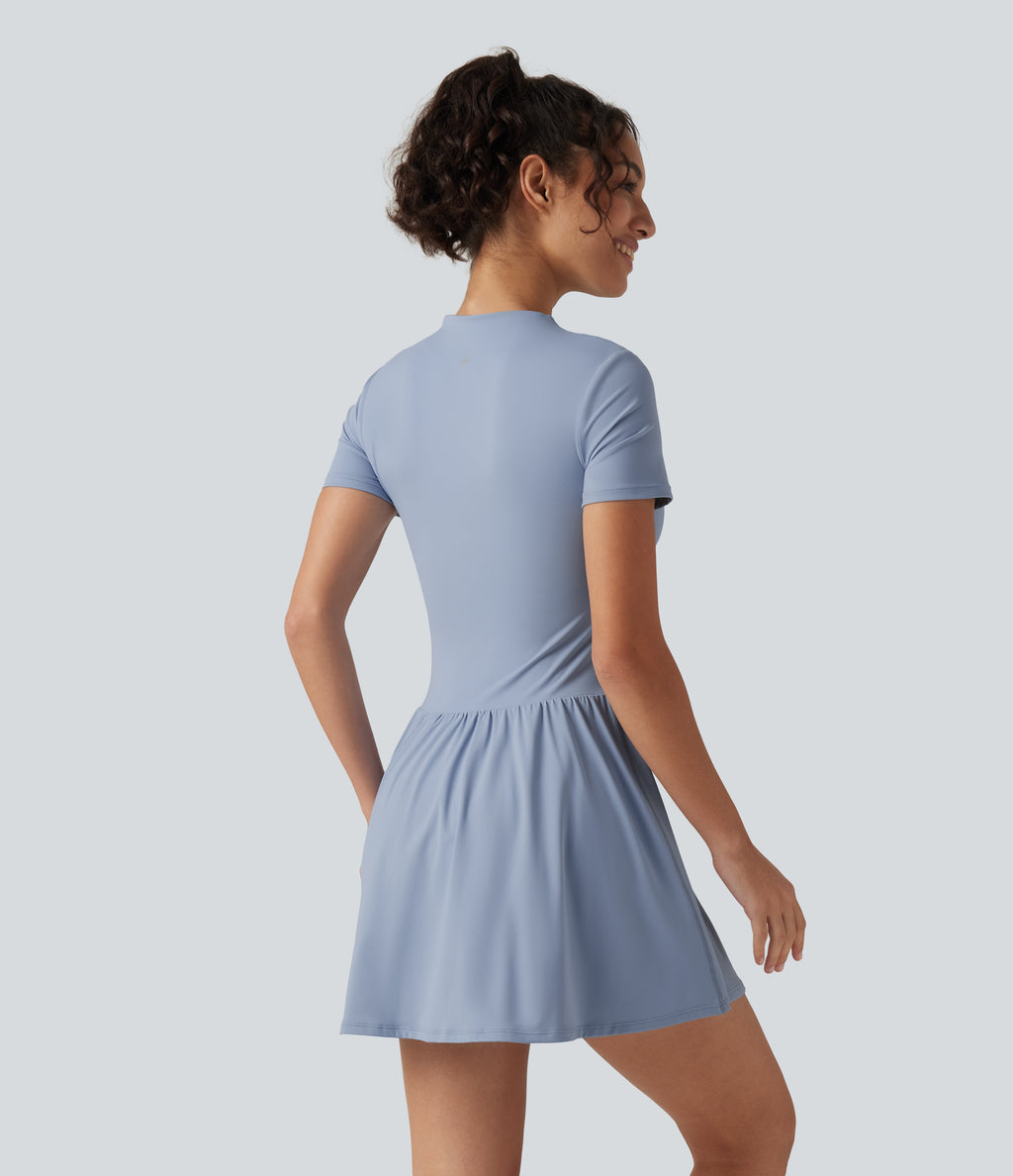 Airy Round Neck Short Sleeve Built-in Bra 2-in-1 InstantCool Mini Yoga Dress with Pockets-Edition — Light Grey Blue — view 2
