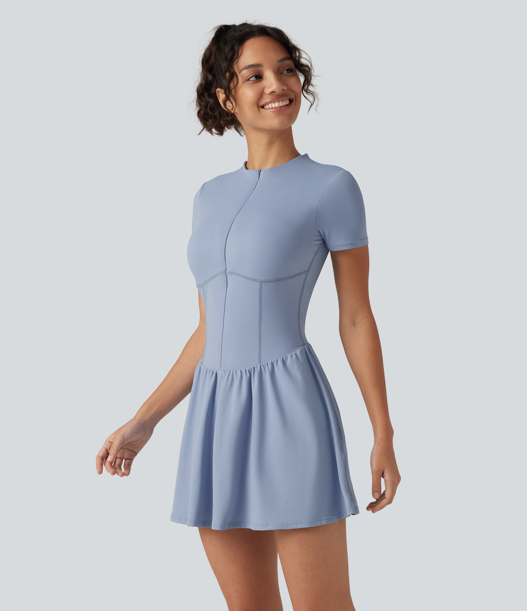 Airy Round Neck Short Sleeve Built-in Bra 2-in-1 InstantCool Mini Yoga Dress with Pockets-Edition — Light Grey Blue — view 3