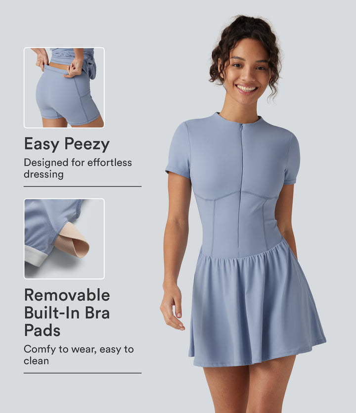 Airy Round Neck Short Sleeve Built-in Bra 2-in-1 InstantCool Mini Yoga Dress with Pockets-Edition — Light Grey Blue — view 1