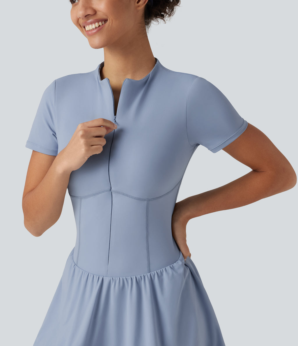 Airy Round Neck Short Sleeve Built-in Bra 2-in-1 InstantCool Mini Yoga Dress with Pockets-Edition — Light Grey Blue — view 5
