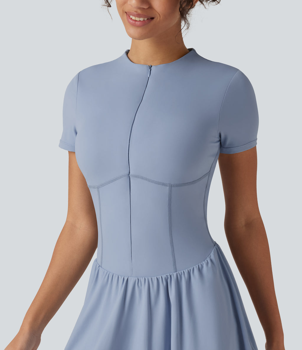 Airy Round Neck Short Sleeve Built-in Bra 2-in-1 InstantCool Mini Yoga Dress with Pockets-Edition — Light Grey Blue — view 6