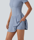 Airy Round Neck Short Sleeve Built-in Bra 2-in-1 InstantCool Mini Yoga Dress with Pockets-Edition — Light Grey Blue — view 7