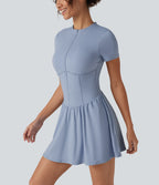 Airy Round Neck Short Sleeve Built-in Bra 2-in-1 InstantCool Mini Yoga Dress with Pockets-Edition — Light Grey Blue — view 4