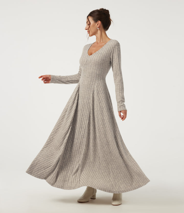 Ribbed Knit V Neck Long Sleeve Flare Maxi Casual Dress with Pockets — Warm Grey Floral Velvet — view 1