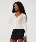 V Neck Long Sleeve Contrast Lace Casual Cardigan — Candied Cloud — view 3