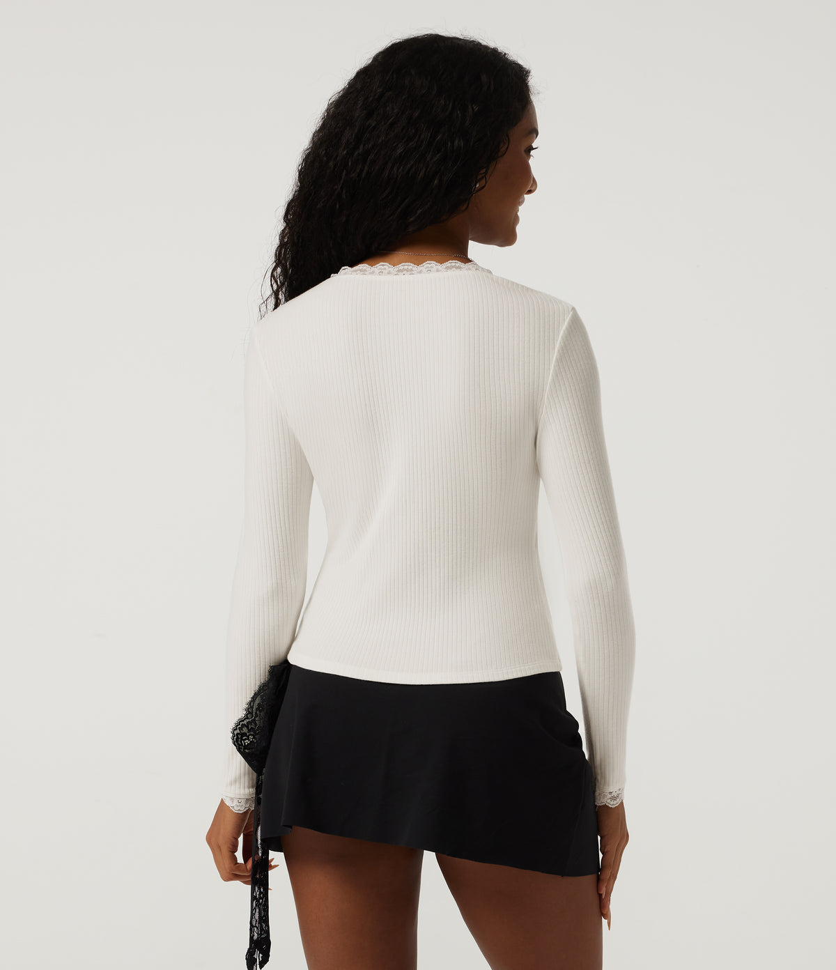 V Neck Long Sleeve Contrast Lace Casual Cardigan — Candied Cloud — view 2