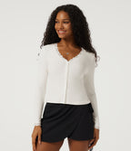 V Neck Long Sleeve Contrast Lace Casual Cardigan — Candied Cloud — view 4
