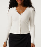 V Neck Long Sleeve Contrast Lace Casual Cardigan — Candied Cloud — view 5