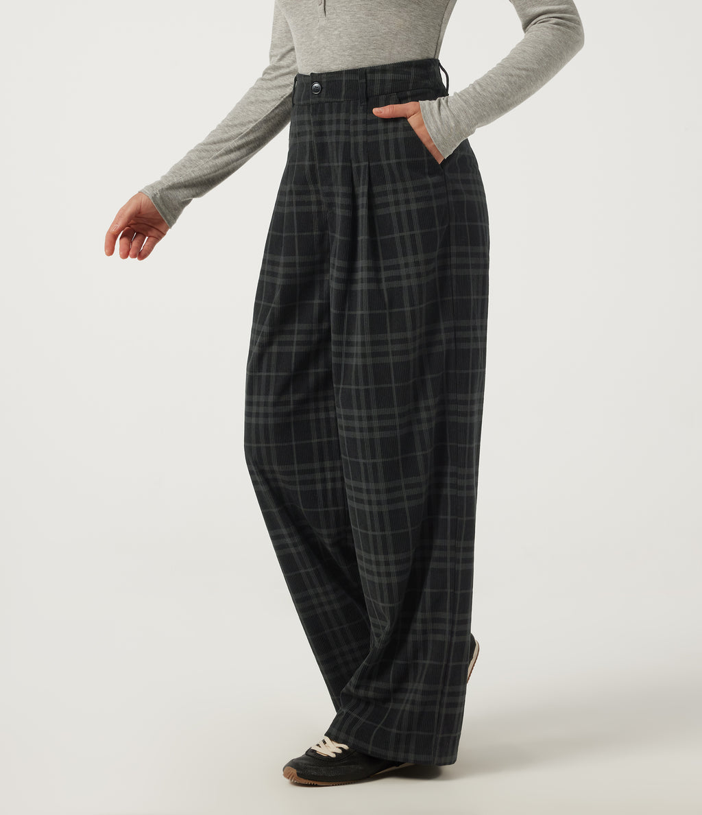 High Waisted Straight Leg Corduroy Casual Trousers with Pockets — Blue Slate Argyle — view 3