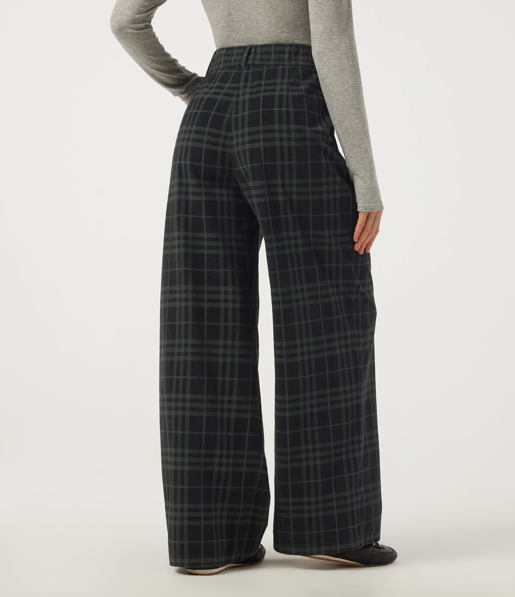 High Waisted Straight Leg Corduroy Casual Trousers with Pockets — Blue Slate Argyle — view 2