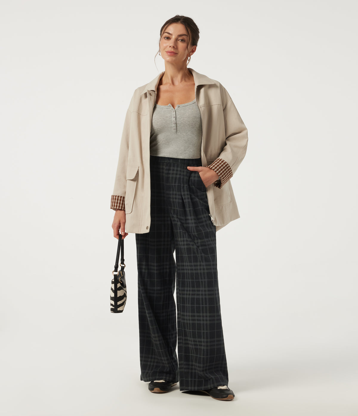 High Waisted Straight Leg Corduroy Casual Trousers with Pockets — Blue Slate Argyle — view 6
