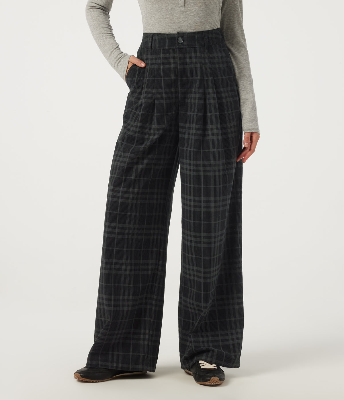 High Waisted Straight Leg Corduroy Casual Trousers with Pockets — Blue Slate Argyle — view 1