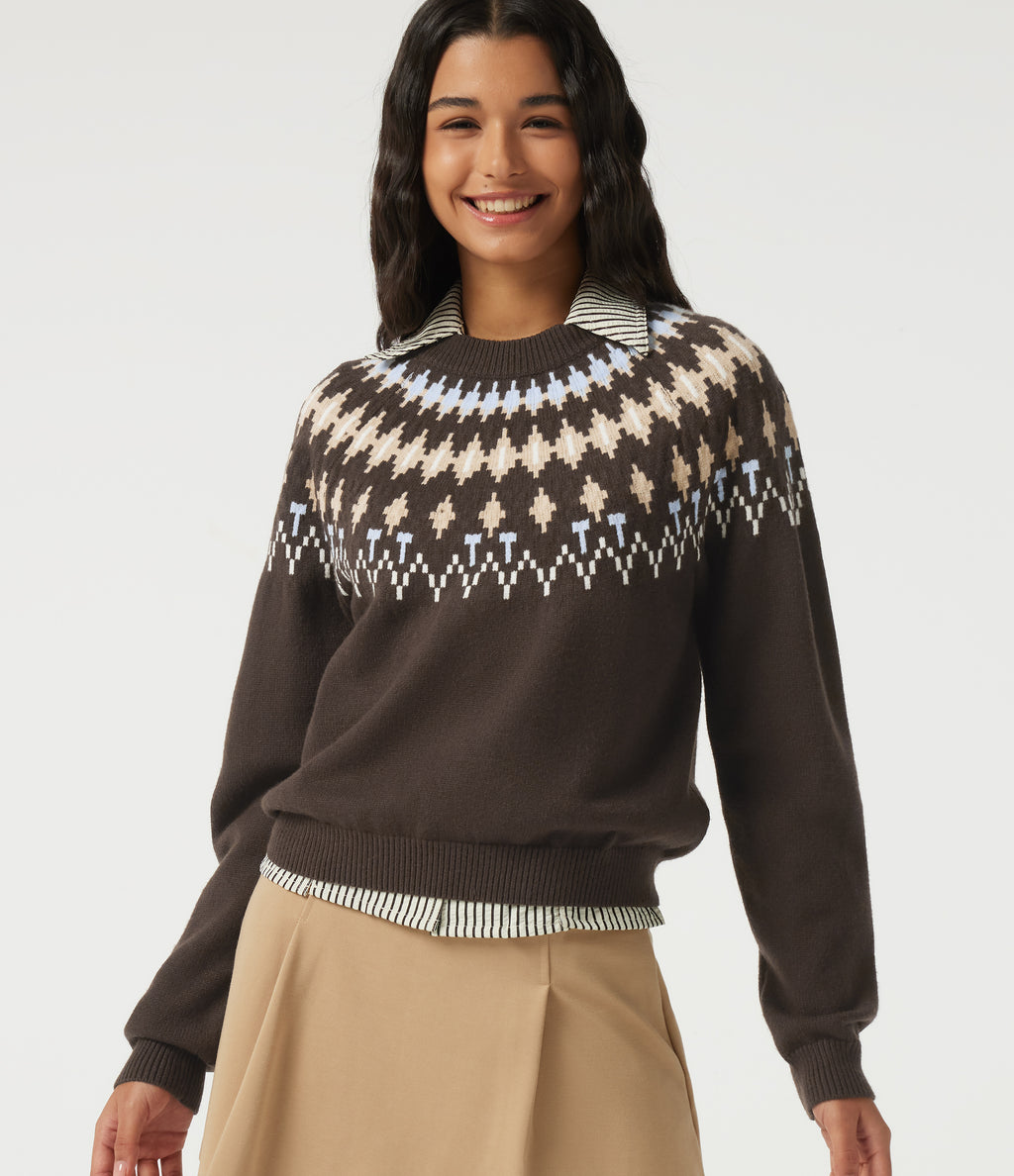 Round Neck Long Sleeve Geometric Casual Jumper — Delicioso — view 1