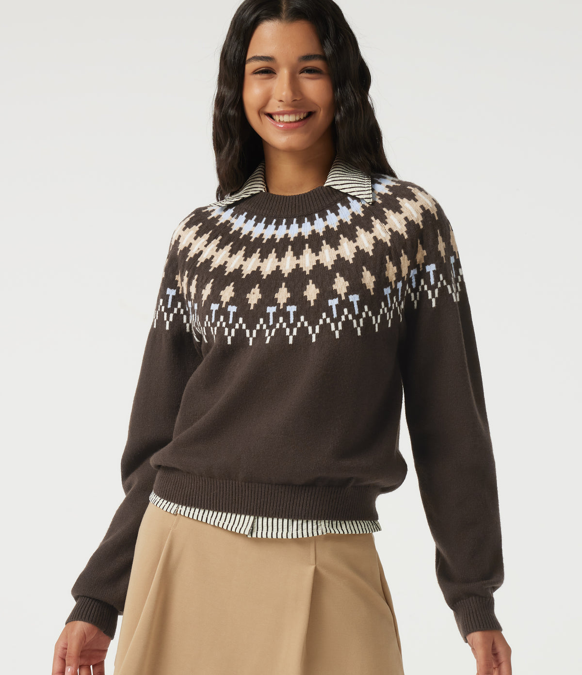 Round Neck Long Sleeve Geometric Casual Jumper — Delicioso — view 1