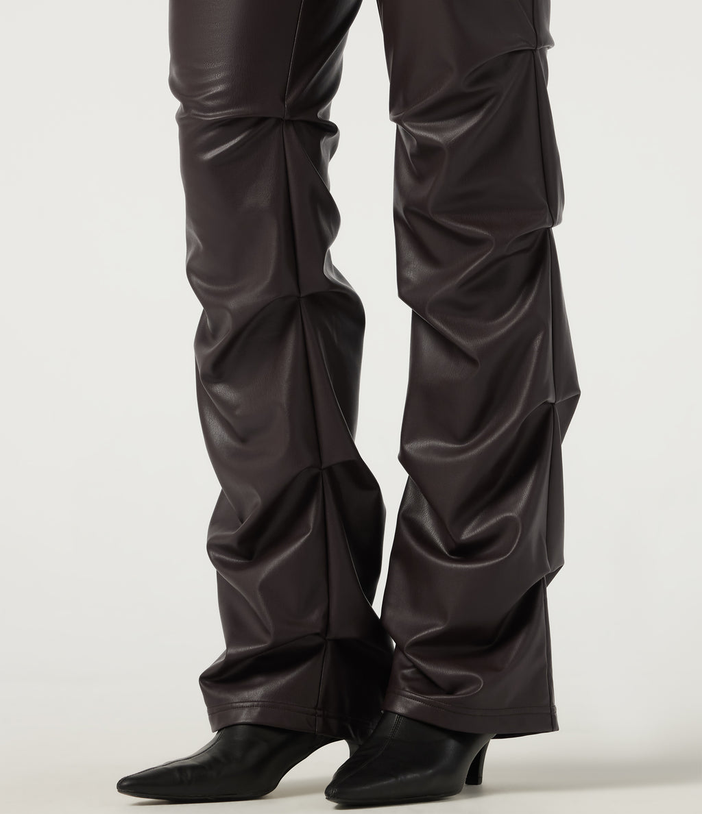 High Waisted Ruched Bootcut Stretchy PU Fleece Casual Trousers with Pockets — Hot Fudge — view 7