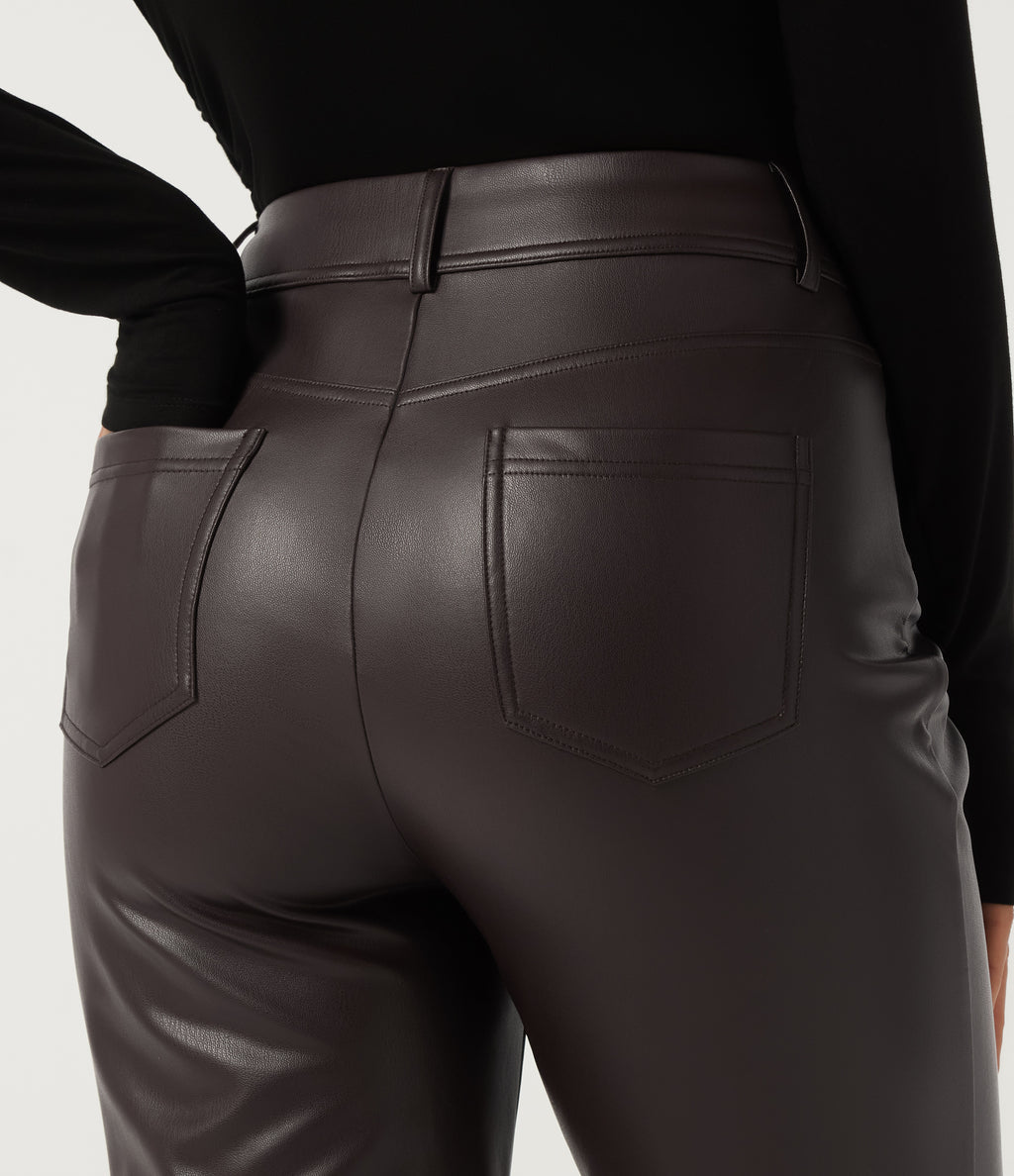 High Waisted Ruched Bootcut Stretchy PU Fleece Casual Trousers with Pockets — Hot Fudge — view 6