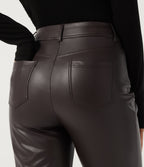 High Waisted Ruched Bootcut Stretchy PU Fleece Casual Trousers with Pockets — Hot Fudge — view 6