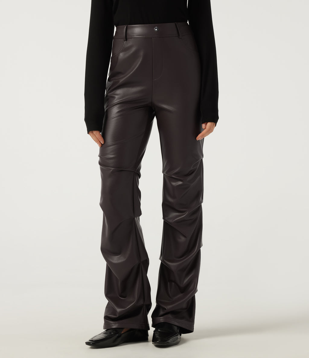 High Waisted Ruched Bootcut Stretchy PU Fleece Casual Trousers with Pockets — Hot Fudge — view 4
