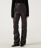 High Waisted Ruched Bootcut Stretchy PU Fleece Casual Trousers with Pockets — Hot Fudge — view 4