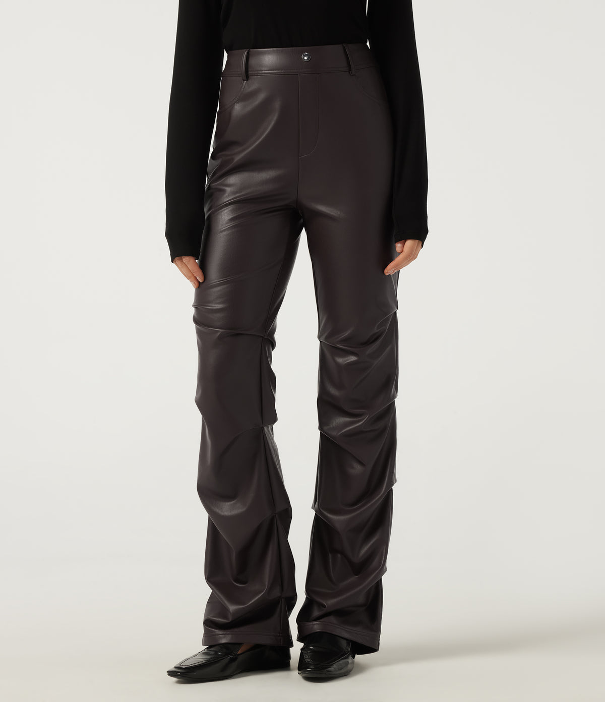 High Waisted Ruched Bootcut Stretchy PU Fleece Casual Trousers with Pockets — Hot Fudge — view 4