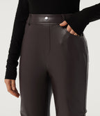 High Waisted Ruched Bootcut Stretchy PU Fleece Casual Trousers with Pockets — Hot Fudge — view 5