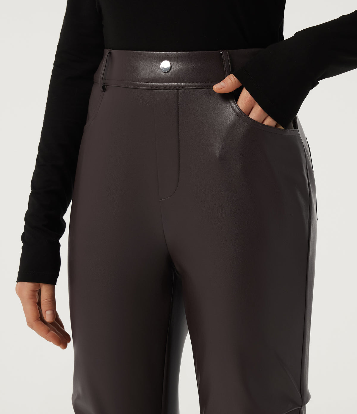 High Waisted Ruched Bootcut Stretchy PU Fleece Casual Trousers with Pockets — Hot Fudge — view 5