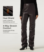 High Waisted Ruched Bootcut Stretchy PU Fleece Casual Trousers with Pockets — Hot Fudge — view 1