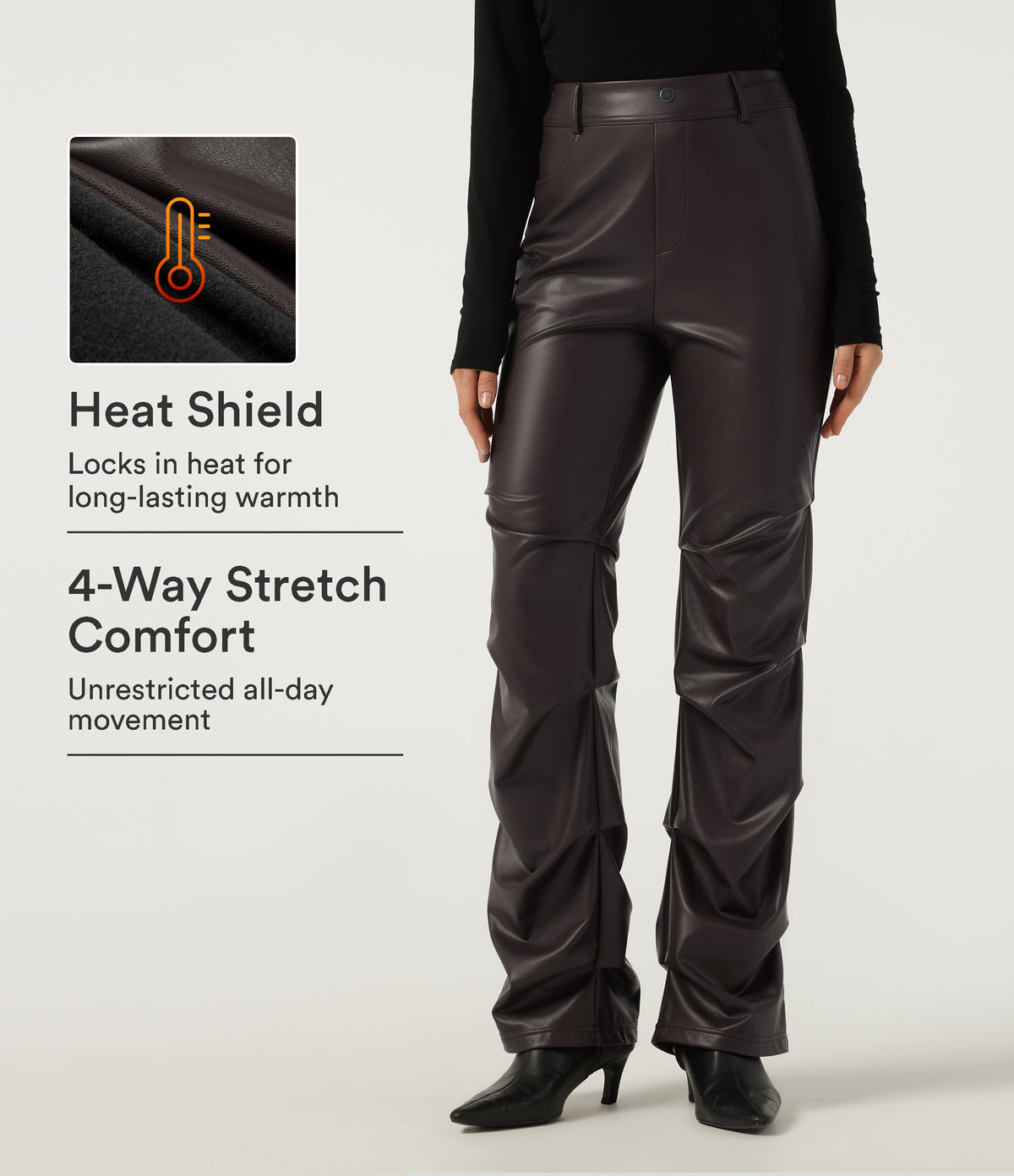 High Waisted Ruched Bootcut Stretchy PU Fleece Casual Trousers with Pockets — Hot Fudge — view 1