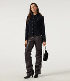 High Waisted Ruched Bootcut Stretchy PU Fleece Casual Trousers with Pockets — Hot Fudge — view 8