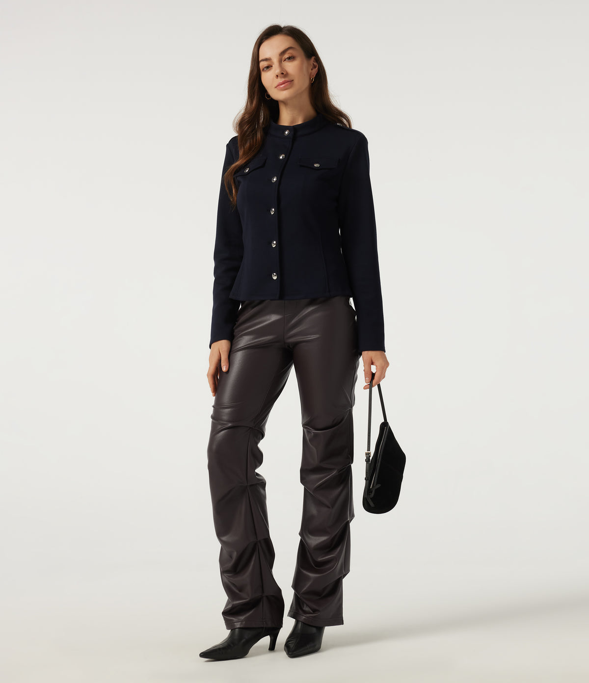 High Waisted Ruched Bootcut Stretchy PU Fleece Casual Trousers with Pockets — Hot Fudge — view 8