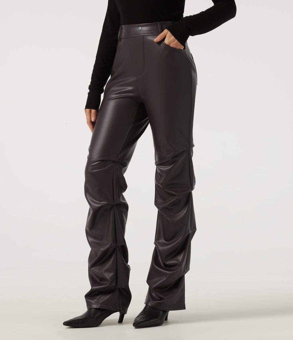 High Waisted Ruched Bootcut Stretchy PU Fleece Casual Trousers with Pockets — Hot Fudge — view 3