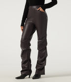 High Waisted Ruched Bootcut Stretchy PU Fleece Casual Trousers with Pockets — Hot Fudge — view 3