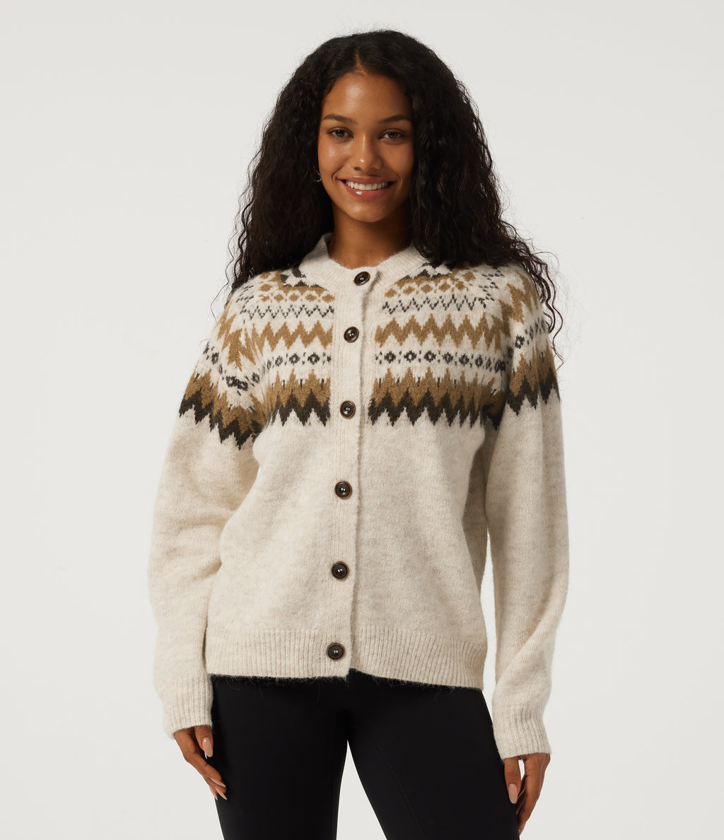 Round Neck Long Sleeve Casual Cardigan — Sandshell — view 1