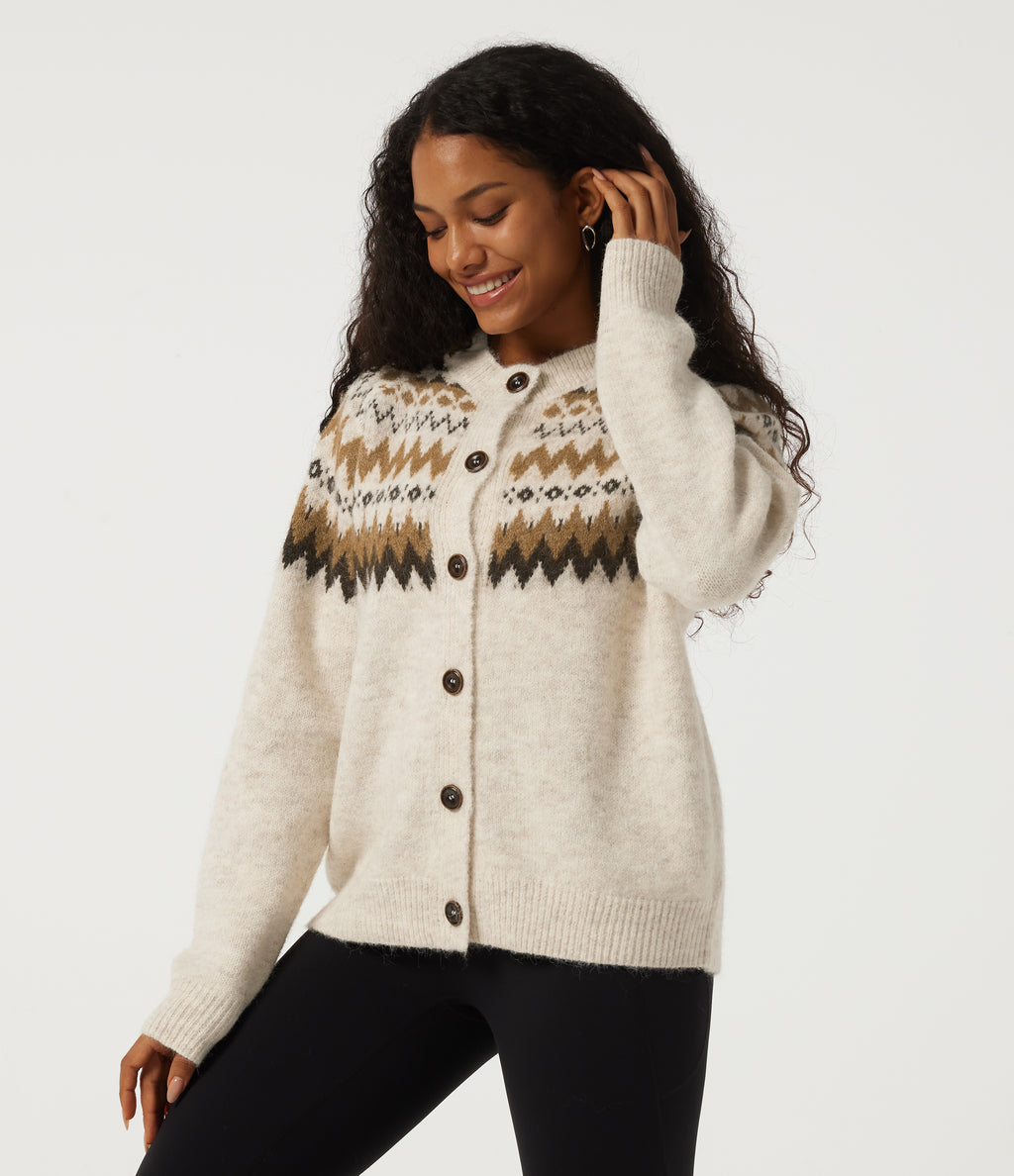 Round Neck Long Sleeve Casual Cardigan — Sandshell — view 3