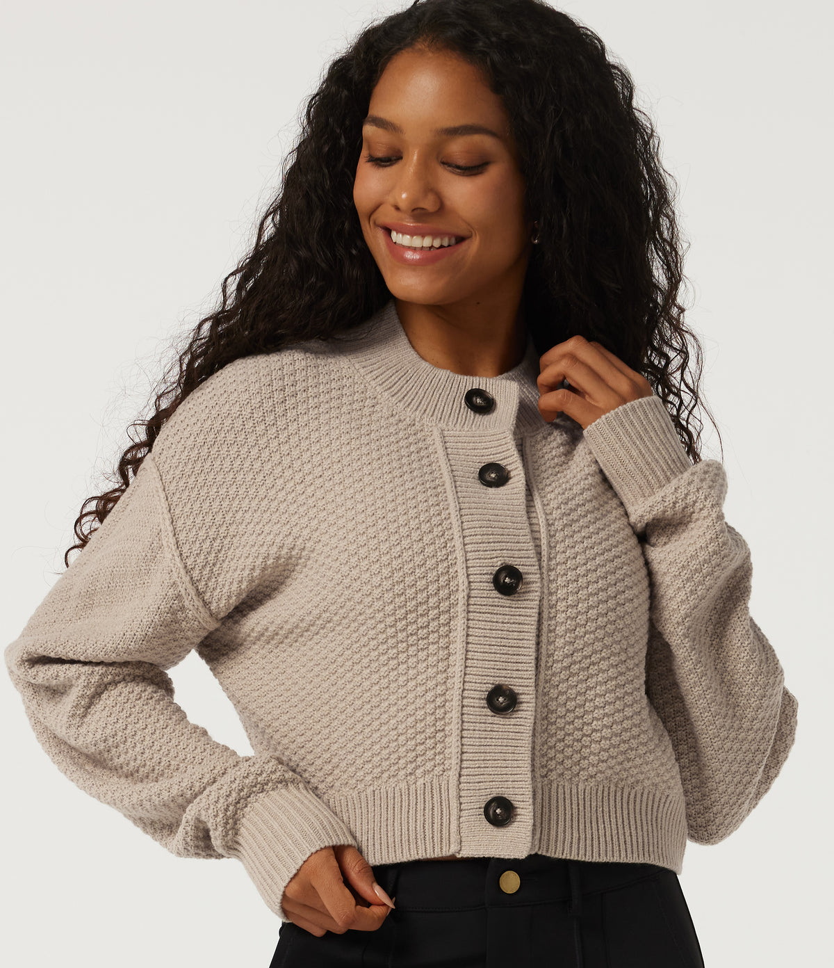 Round Neck Long Sleeve Casual Cardigan — Doeskin — view 4